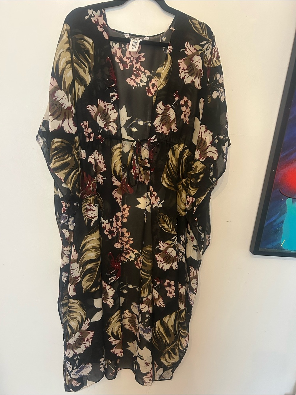Walter Baker Black Sheer Floral Tie-Waist Kimono with Pink and Olive Accents